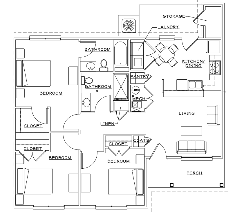 Floor plan for 3 beds, 2 baths, 1295 sqft